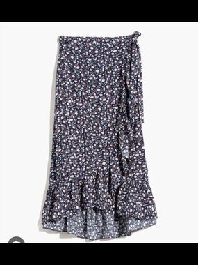 Madewell Navy Floral Wrap Midi Skirt with Ruffle Hem